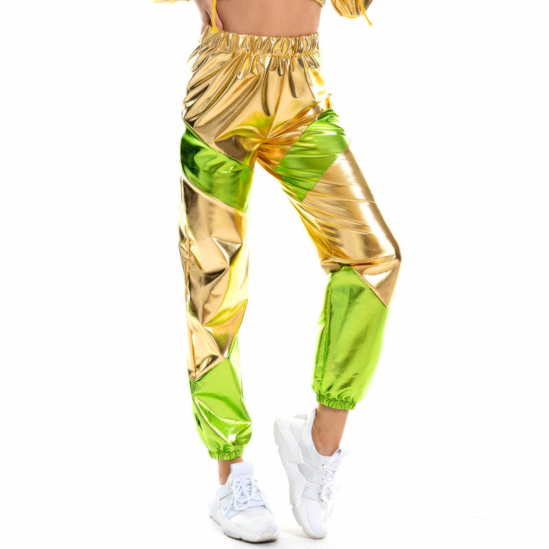 Female Dance Shiny Metallic Mini Top Trousers Faux Leather Glitter Cropped Pants - AwwwCos