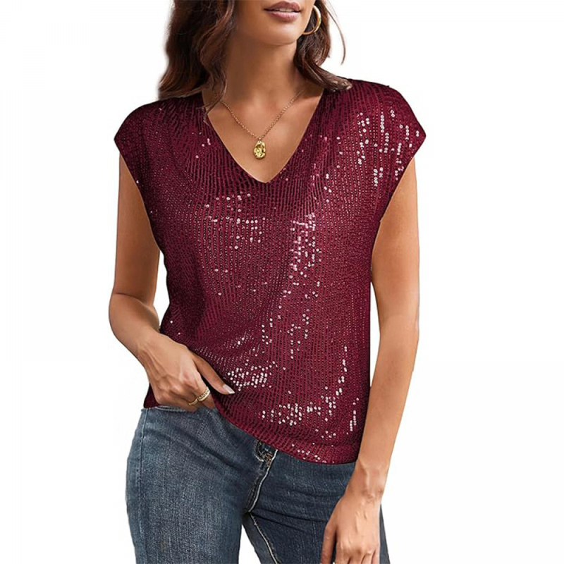 Female Sparkly Club Cocktail Party V Neck Glitter Sequin Tank