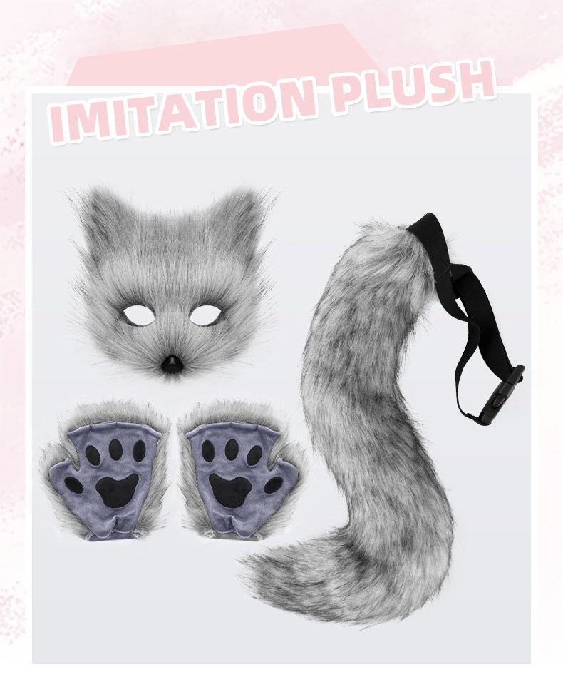 Fox Mask Gloves Cosplay Costume Furry Simulation Halloween Beast Tail Set