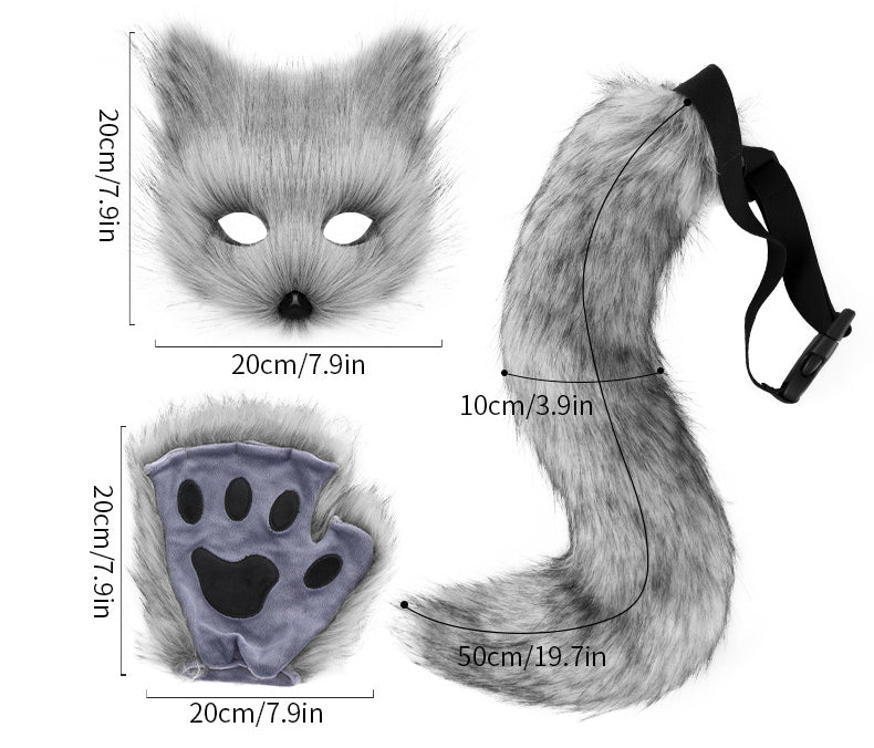 Fox Mask Gloves Cosplay Costume Furry Simulation Halloween Beast Tail Set