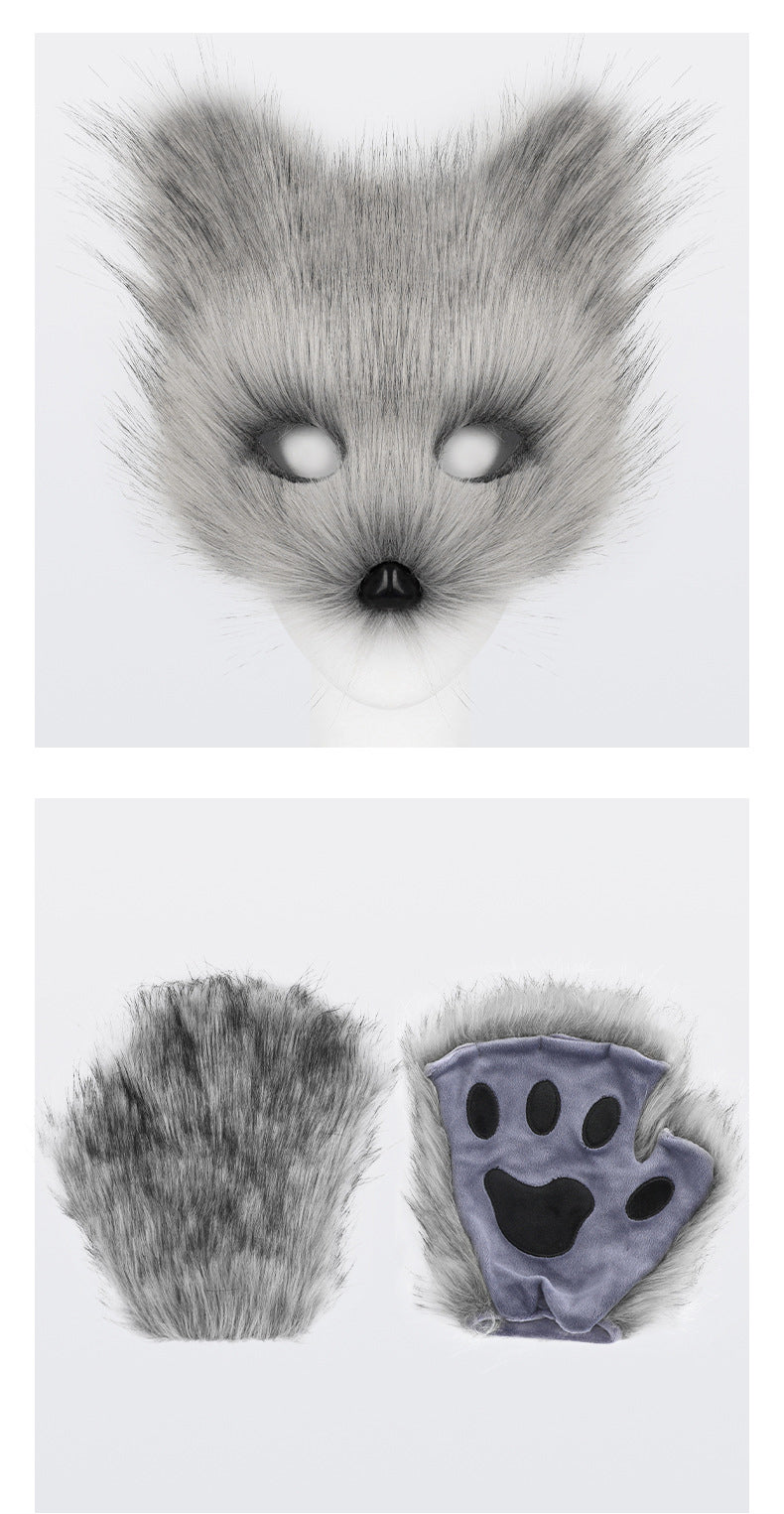 Fox Mask Gloves Cosplay Costume Furry Simulation Halloween Beast Tail Set