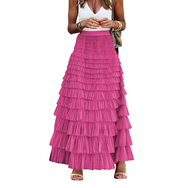 French Style Women Elegant Solid Color High Waist Mesh Cake Skirt