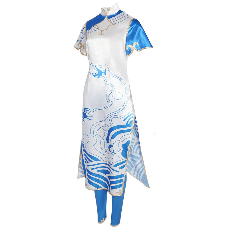 Game Street Fighter Chun Li Cosplay Blue And White Porcelain Patterned Cheongsam - AwwwCos