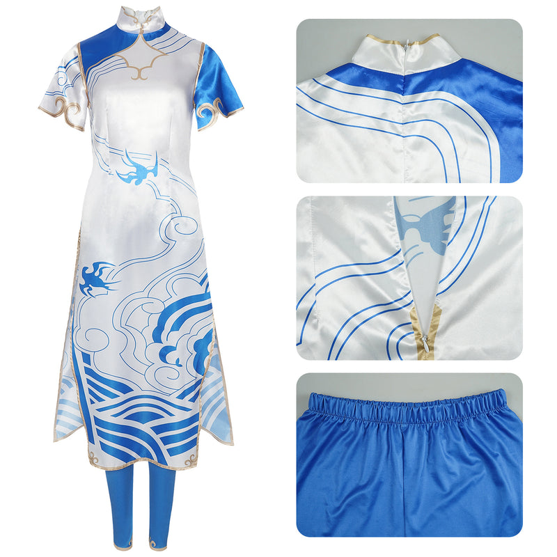 Game Street Fighter Chun Li Cosplay Blue And White Porcelain Patterned Cheongsam - AwwwCos