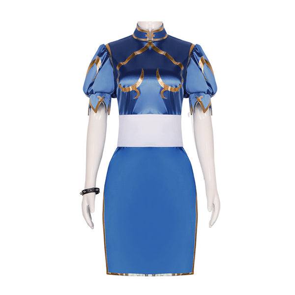 Game Street Fighter Chun Li Cosplay Blue Cheongsam White Tight Waist Belt