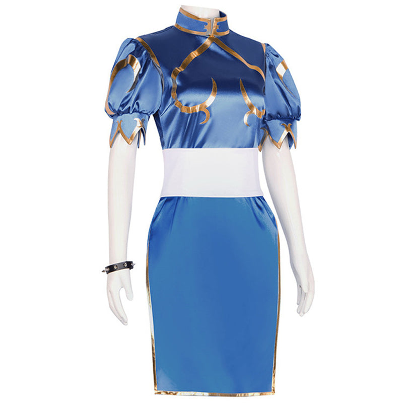 Game Street Fighter Chun Li Cosplay Blue Cheongsam White Tight Waist Belt
