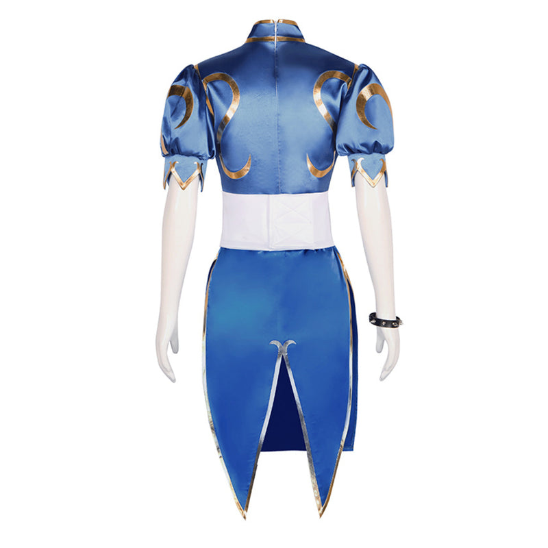 Game Street Fighter Chun Li Cosplay Blue Cheongsam White Tight Waist Belt
