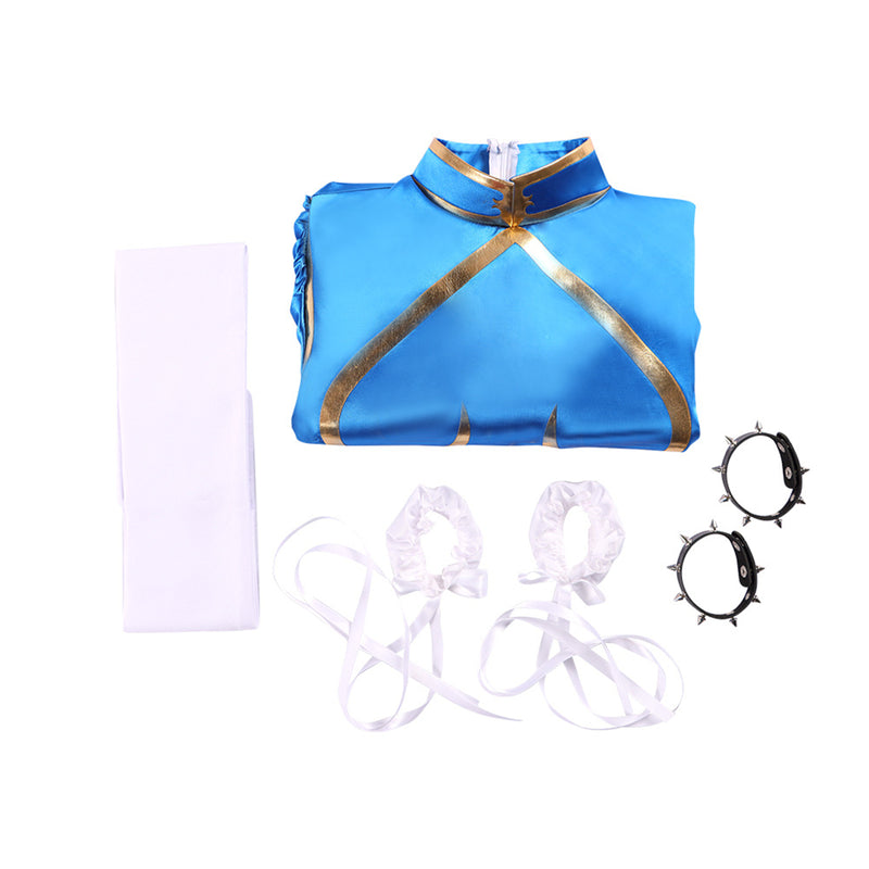 Game Street Fighter Chun Li Cosplay Blue Cheongsam White Tight Waist Belt