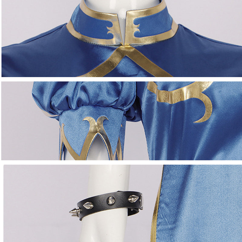 Game Street Fighter Chun Li Cosplay Blue Cheongsam White Tight Waist Belt