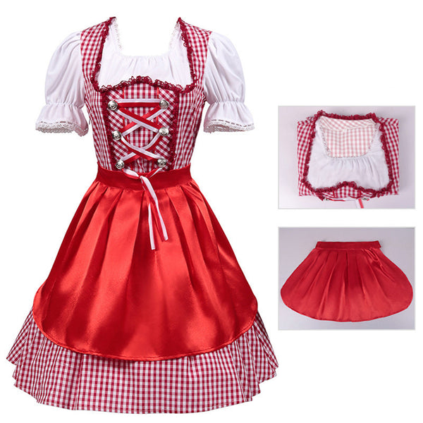German Beer Festival Cosplay Red Apron Plaid Dress Oktoberfest Dirndl Costume - AwwwCos