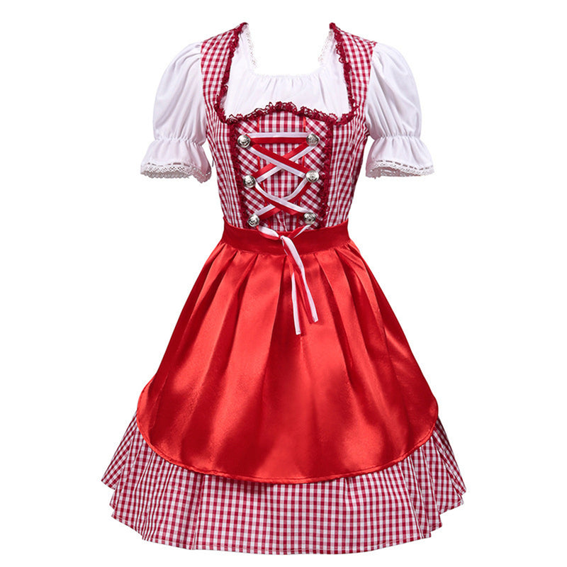 German Beer Festival Cosplay Red Apron Plaid Dress Oktoberfest Dirndl Costume - AwwwCos