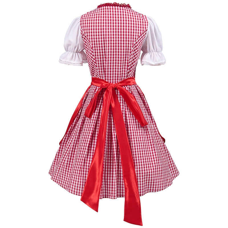 German Beer Festival Cosplay Red Apron Plaid Dress Oktoberfest Dirndl Costume - AwwwCos