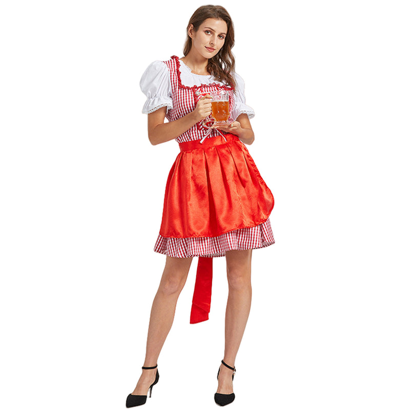 German Beer Festival Cosplay Red Apron Plaid Dress Oktoberfest Dirndl Costume - AwwwCos