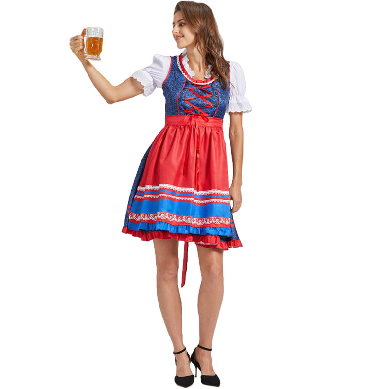 German Beer Festival Cosplay Red Apron Lace Dress Oktoberfest Dirndl Costume - AwwwCos