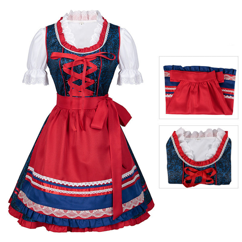 German Beer Festival Cosplay Red Apron Lace Dress Oktoberfest Dirndl Costume - AwwwCos
