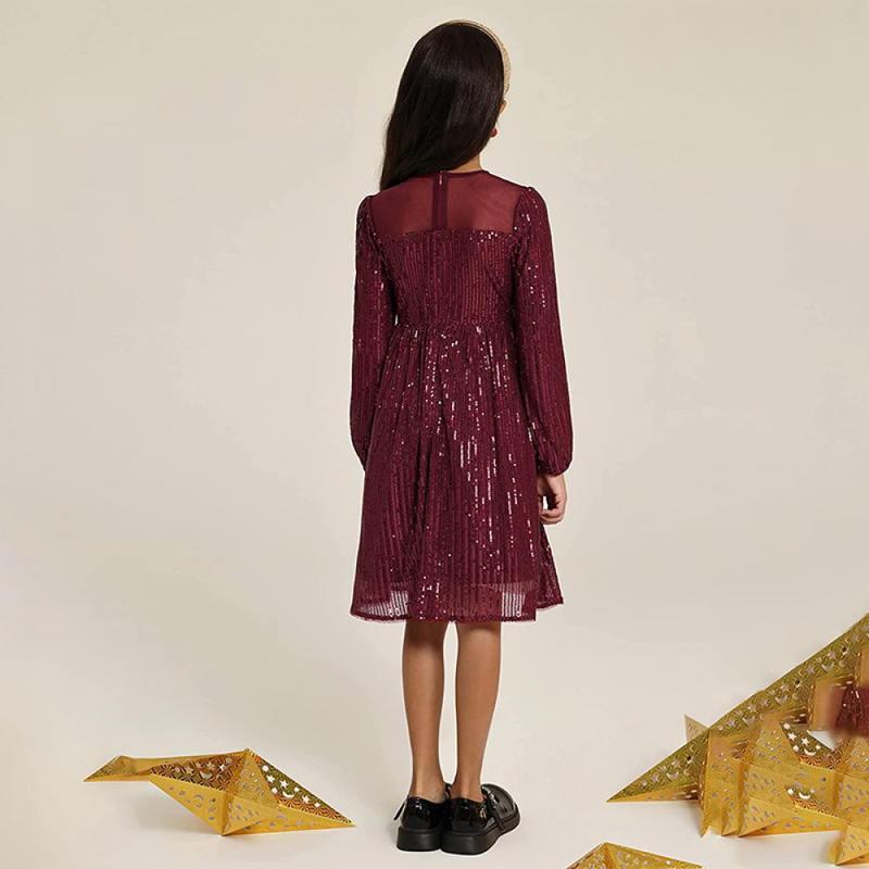Kid Girl Long Sleeve A-Line Sequin Dress Party Sparkle Gown