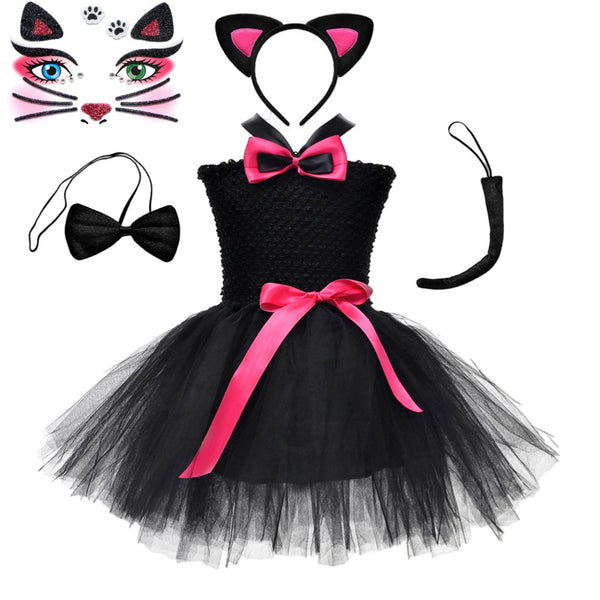 Girls Animal Cat Cosplay Costume Crocheted Tutu Dress Tattoo Tail Headband - AwwwCos