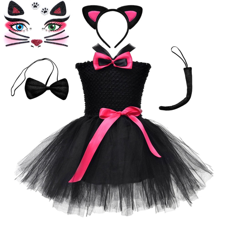 Girls Animal Cat Cosplay Costume Crocheted Tutu Dress Tattoo Tail Headband - AwwwCos