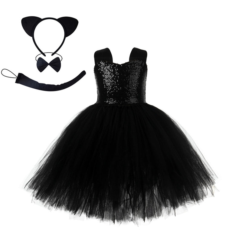 Girls Animal Cat Cosplay Costume Crocheted Tutu Dress Tattoo Tail Headband - AwwwCos