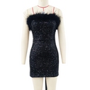 Girls Sequin Bodycon Sparkle Party Ruched Velvet Splice Furry Dance Dress