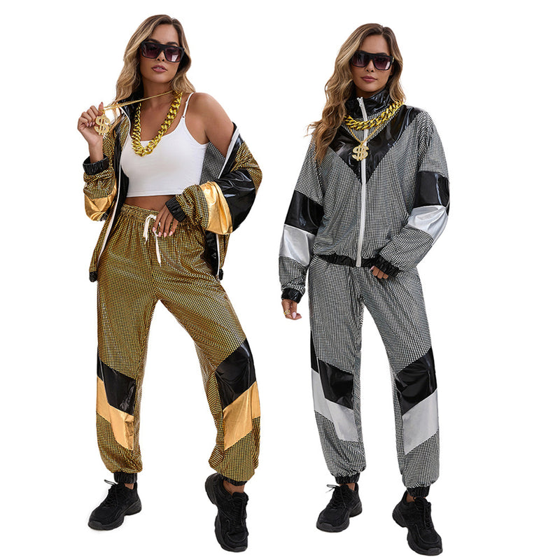 Gold Silver Color Block 2 Piece 80s Retro Hip Hop Disco Tracksuit Jacket Pants - AwwwCos