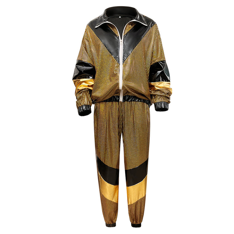 Gold Silver Color Block 2 Piece 80s Retro Hip Hop Disco Tracksuit Jacket Pants - AwwwCos
