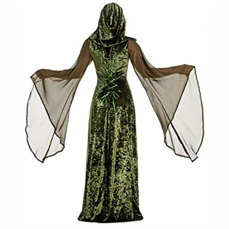 Gothic Renaissance Trumpet Sleeve Vintage Hooded Velvet Dress - AwwwCos