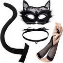 Halloween Black Cat Cosplay Costume Cat Lace Masquerade Mask and Necklace and Tail for Adults Dress
