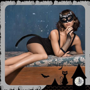 Halloween Black Cat Cosplay Costume Cat Lace Masquerade Mask and Necklace and Tail for Adults Dress