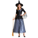Halloween Party Women Witch Cosplay Black Hat Bell Sleeve Tullle Dress - AwwwCos