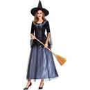 Halloween Party Women Witch Cosplay Black Hat Bell Sleeve Tullle Dress - AwwwCos