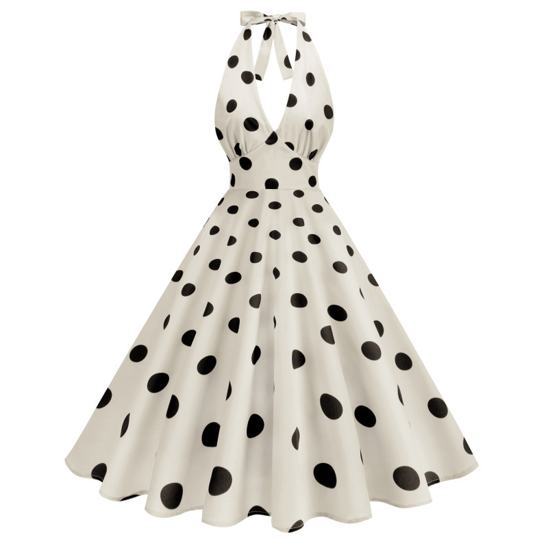 Hanging Neck Polka Dot Hepburn Style Slim Big Hemline Dress