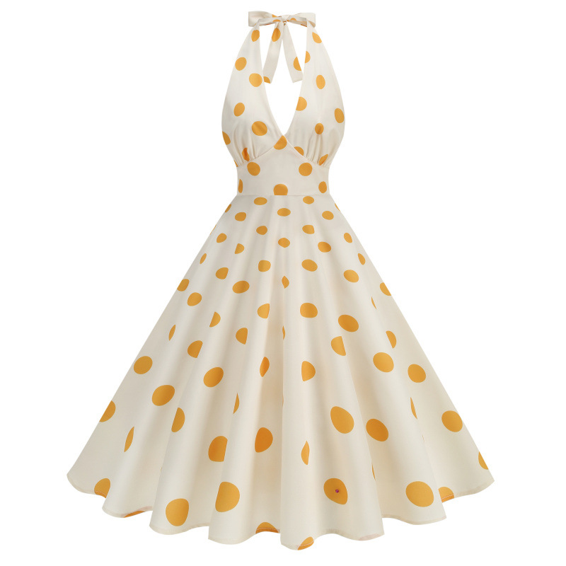Hanging Neck Polka Dot Hepburn Style Slim Big Hemline Dress