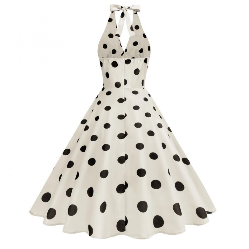 Hanging Neck Polka Dot Hepburn Style Slim Big Hemline Dress