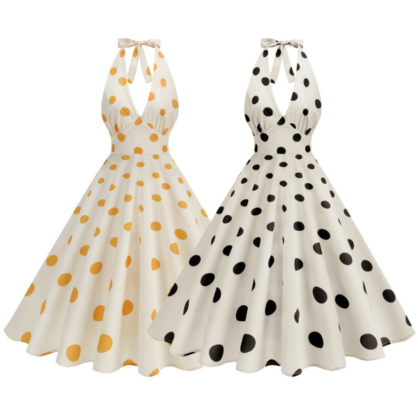 Hanging Neck Polka Dot Hepburn Style Slim Big Hemline Dress