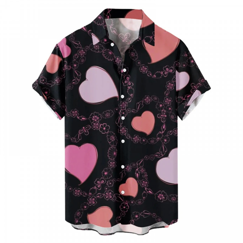 Hawaiian Valentines Party Aloha Button Down Holiday Short Sleeve Shirt