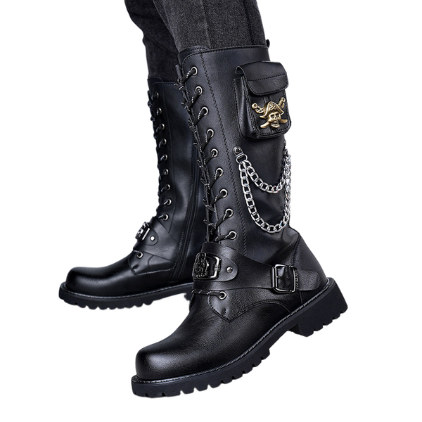 Skull Chain Lace-up Cowboy Shoes Thick-soled Martin Boots with Bag