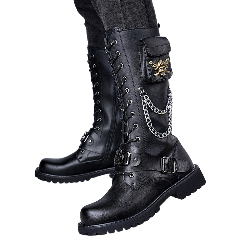 Skull Chain Lace-up Cowboy Shoes Thick-soled Martin Boots with Bag