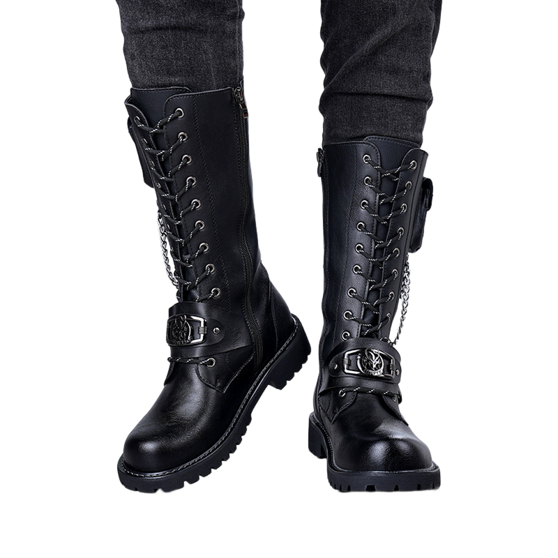 Skull Chain Lace-up Cowboy Shoes Thick-soled Martin Boots with Bag