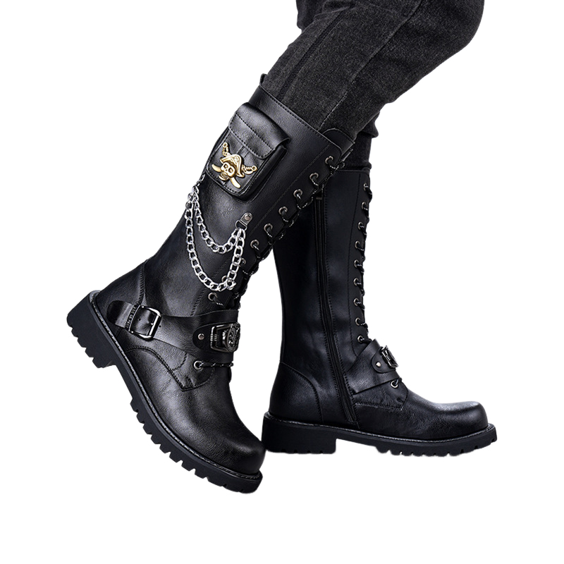 Skull Chain Lace-up Cowboy Shoes Thick-soled Martin Boots with Bag