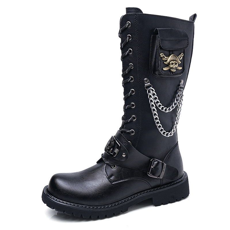 Skull Chain Lace-up Cowboy Shoes Thick-soled Martin Boots with Bag