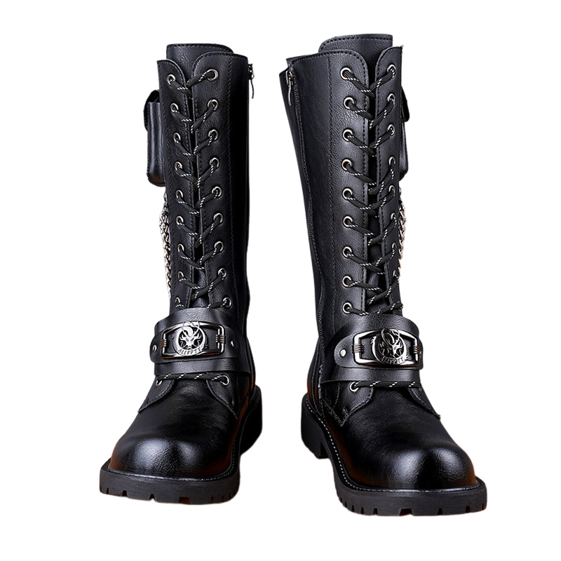 Skull Chain Lace-up Cowboy Shoes Thick-soled Martin Boots with Bag