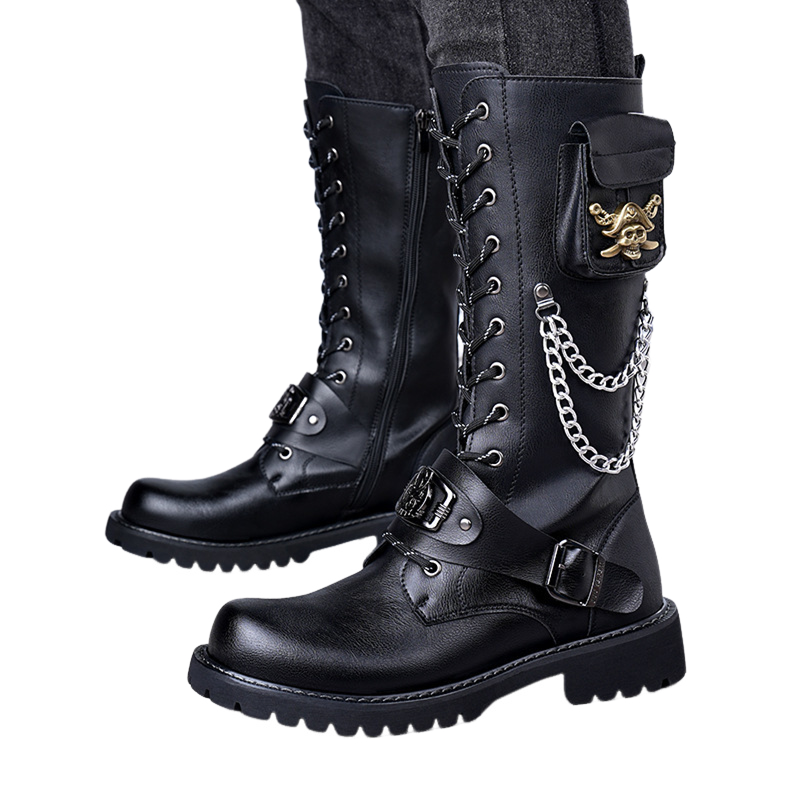 Skull Chain Lace-up Cowboy Shoes Thick-soled Martin Boots with Bag