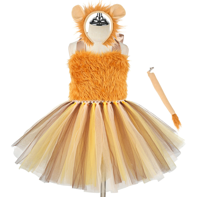 Jungle Party Kids Girls Animal Lion Cosplay Costume Tulle Dress Tail Hairband - AwwwCos