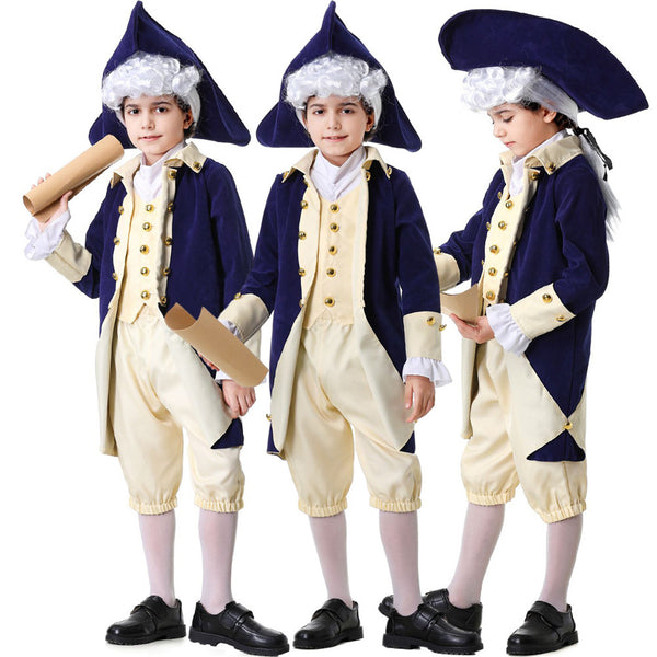 Kid Boys Military Cosplay Costume Colonial Uniform Blue Coat Ivory Vest Shorts