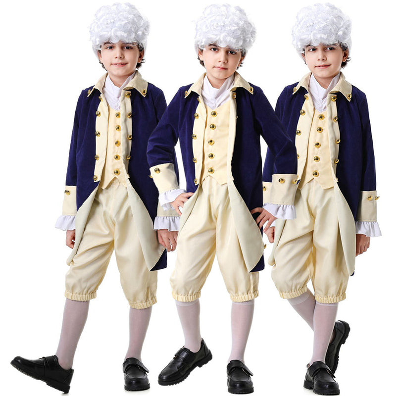 Kid Boys Military Cosplay Costume Colonial Uniform Blue Coat Ivory Vest Shorts