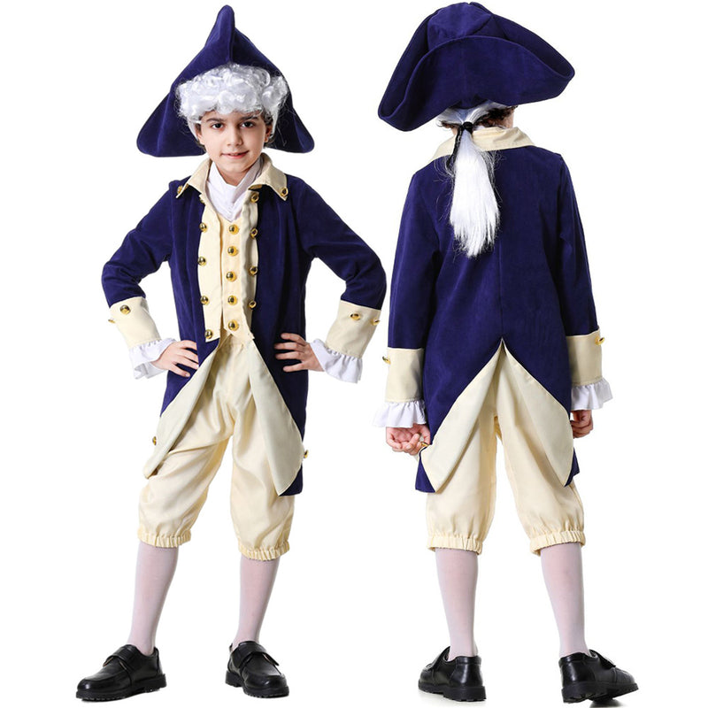 Kid Boys Military Cosplay Costume Colonial Uniform Blue Coat Ivory Vest Shorts