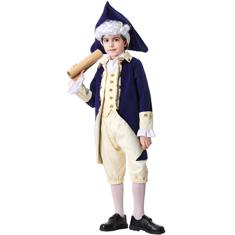 Kid Boys Military Cosplay Costume Colonial Uniform Blue Coat Ivory Vest Shorts