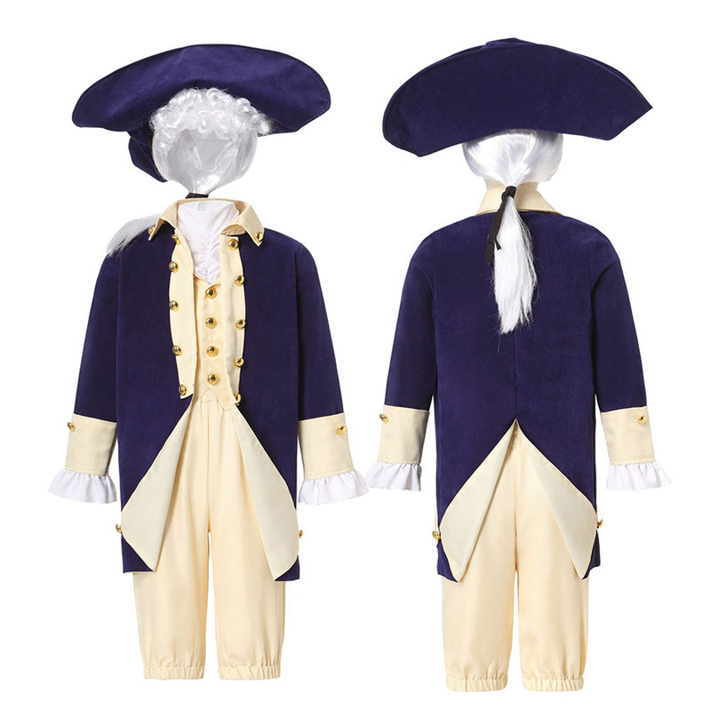 Kid Boys Military Cosplay Costume Colonial Uniform Blue Coat Ivory Vest Shorts