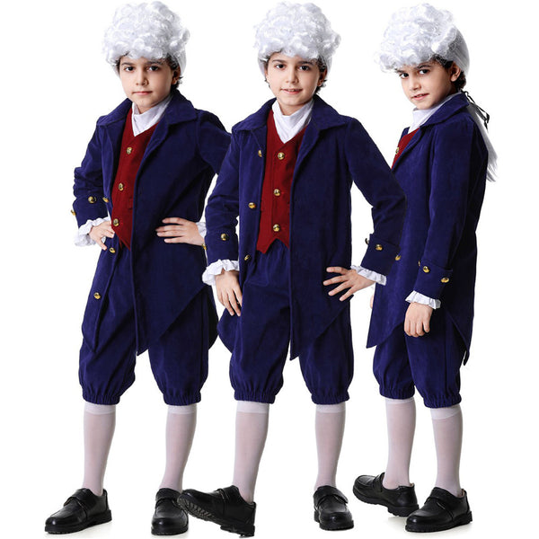 Kid Boys Military Cosplay Costume Colonial Uniform Red Vest Navy Blue Jacket
